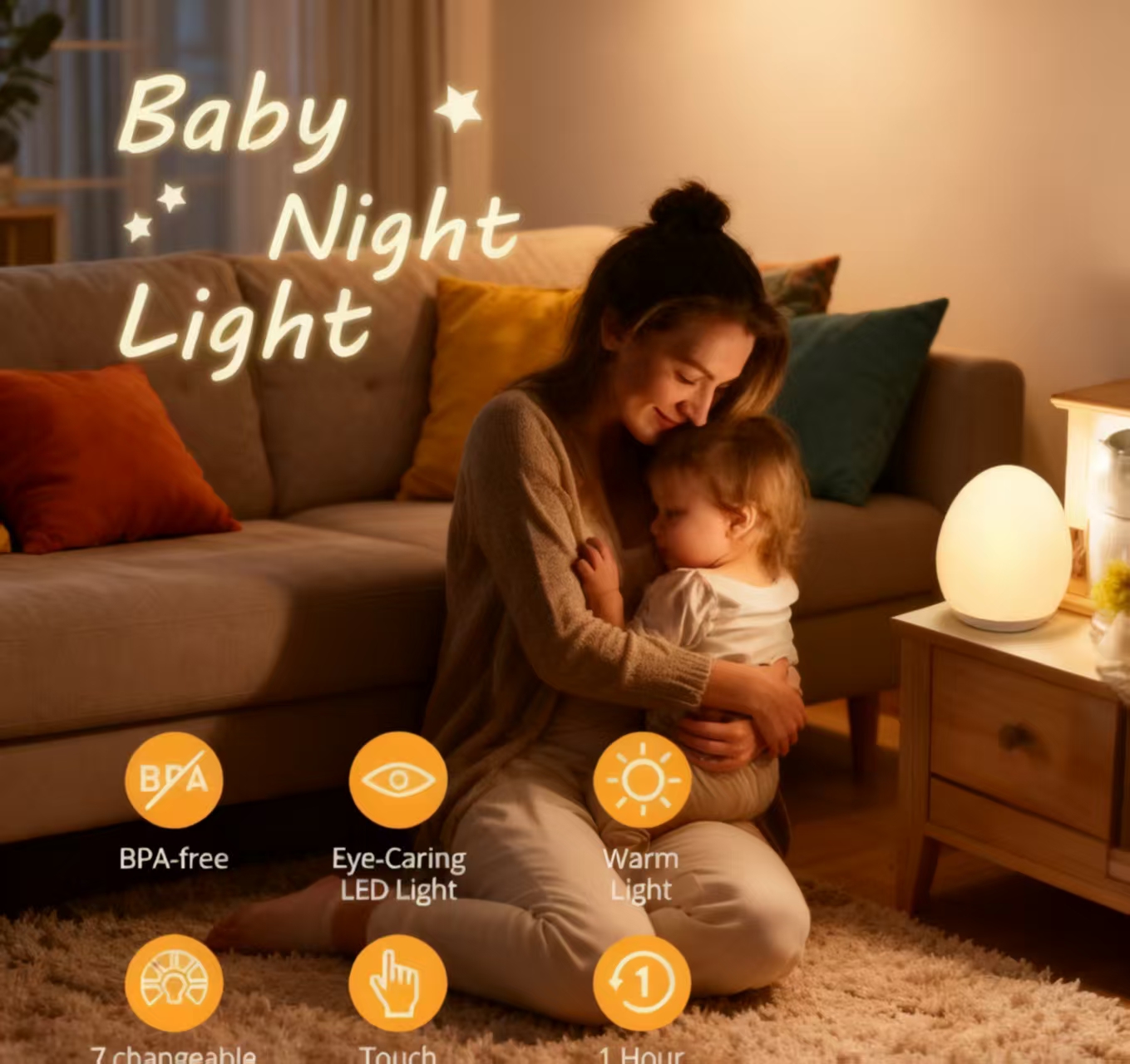 Rgb Light Strip - “Egg-Shaped Silicone Night Light, Touch-Dimmable 7-Color